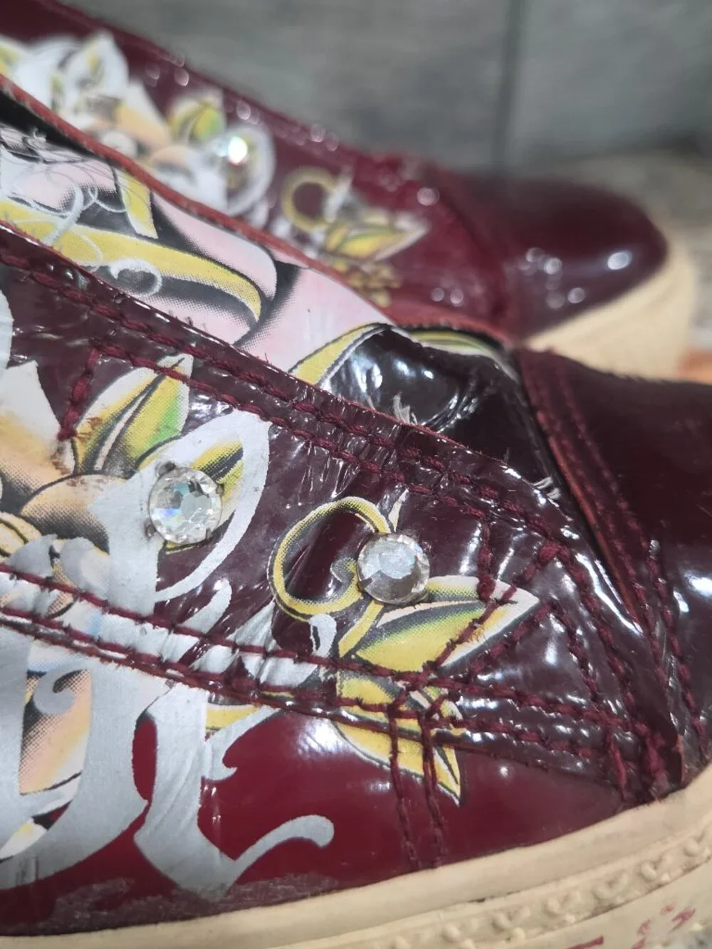 Christian Audigier Womens Sneakers Size 9 US Tattoo Maroon Patent Leather Y2K